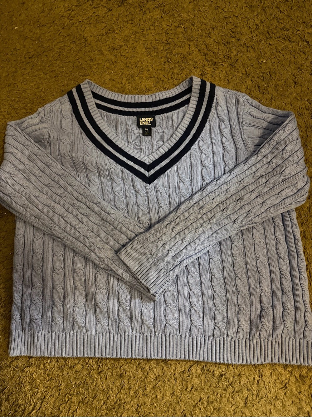 Lands' End Light Blue Cable V-Neck Sweater with Navy Trim